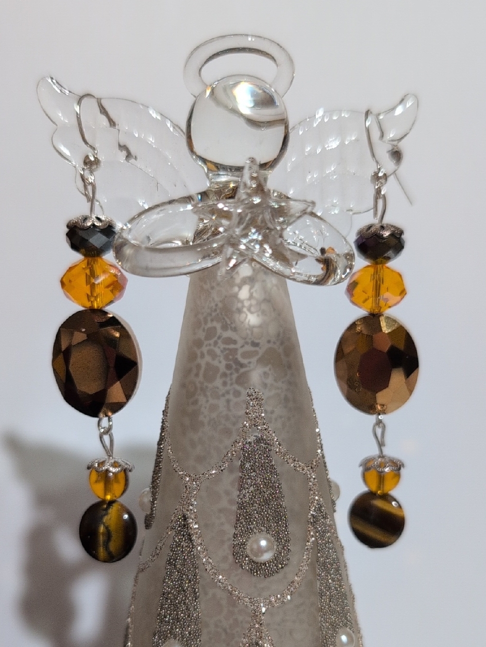 NWOT handcrafted Elegant Amber & Brown Glass Bead Drop Earrings